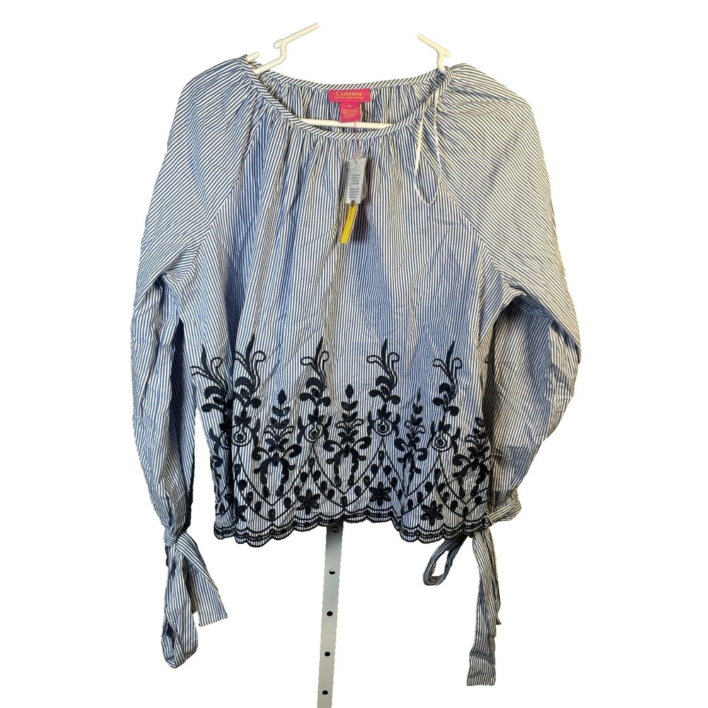 Catherine Malandrino Embroidered Blouse Medium Women's Top Striped Blue Floral